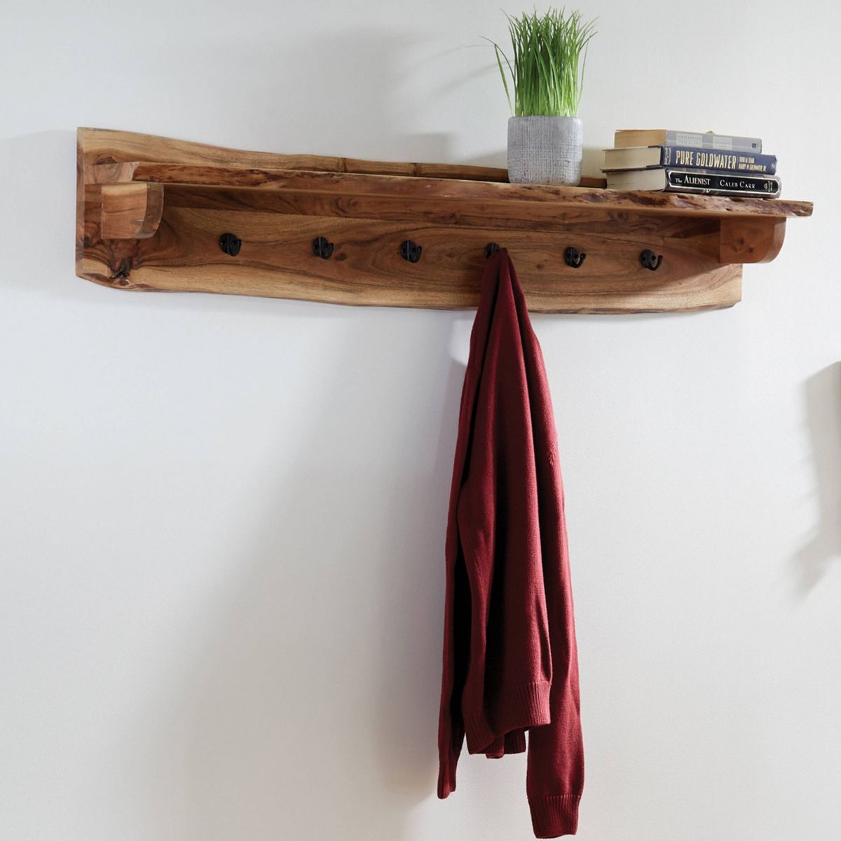 Alaterre Furniture Alpine Natural Brown Live Edge Wood Coat Hooks with Shelf - thumbnail 6