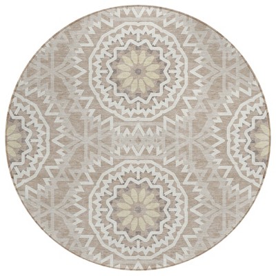 Taupe Khaki And Ivory Floral Medallion Washable Indoor Outdoor Area Rug