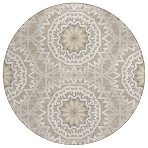 Taupe Khaki And Ivory Floral Medallion Washable Indoor Outdoor Area Rug - 1 of 4