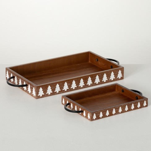 Brown Mango Wood Decorative Tray with Branch Design Handles, Round Serving  Tray 