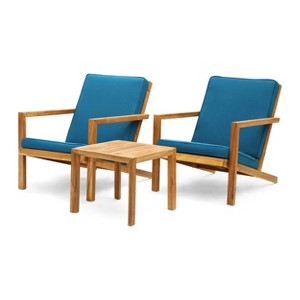 GDFStudio Ludwig Outdoor Acacia Wood 3 Piece Chat Set with Cushions - 1 of 4