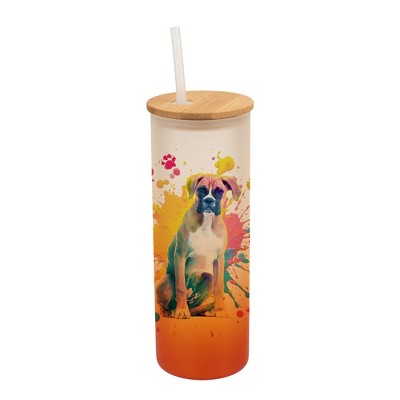100 North 25 Ounce Frosted Glass Gradient Travel Tumbler With Straw & Wooden Lid, Boxer Dog Paint Splatter Orange