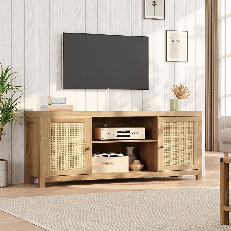Whizmax Rattan TV Stand for 65 Inch, Boho Entertainment Center with Storage and Doors for Living Room, Natural Oak (58 Inch), 3 of 10