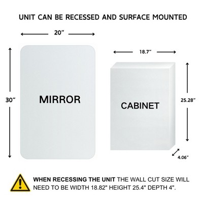 White Frameless Rectangular Medicine Cabinet with Mirror, 20 x 30 inches