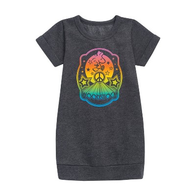 - Peanuts - Psychedelic Color Burst Woodstock Peace Graphic Short Sleeve Fleece Dress