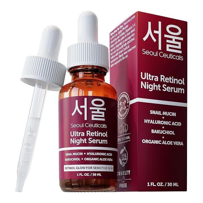 Seoul Ceuticals 1% Korean Retinol Night Serum for Face - 97.5% Snail Mucin + Hyaluronic Acid + Bakuchiol, Cruelty Free K Beauty for Sensitive Skin 1oz, 1 of 7