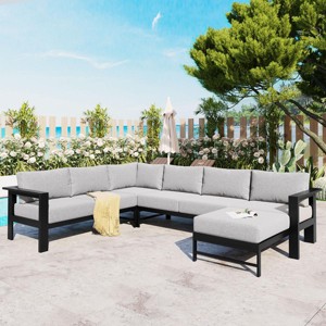 115.7" Modern Modular Outdoor U-Shaped Aluminum Patio Sectional Sofa with Water-Repellent Cushions, Black Frame Gray Seats for Garden -3irtyhousy - 1 of 4