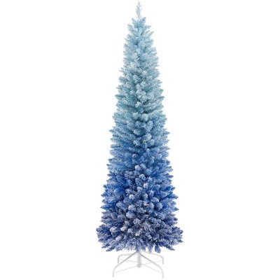 Costway 6/7 FT Blue Gradient Snow Flocked Artificial Christmas Tree with 435/725 Lush Branch Tips