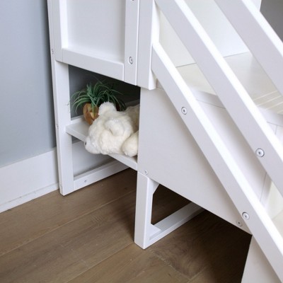 White Twin Low Loft Bed with Storage Stairs and Pine Frame