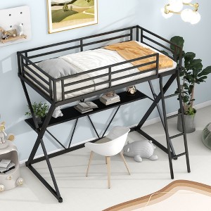 ALEXOUN Twin Size Metal Loft Bed with Desk, Ladder and Full-Length Guardrails & X-Shaped Frame,for Kids, Teens, Adults, No Box Spring Needed,Black - 1 of 4