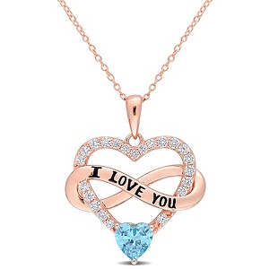 EVERLY JEWELRY | Rose Plated Sterling Silver 2 1/2 CT TGW Blue and White Cubic Zirconia Infinity Heart Pendant with Chain, 18 inc - 1 of 4