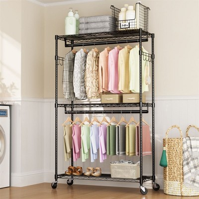 Rolling Garment Rack, 3 Tier Adjustable Rolling Clothes Rack with Hanging Rods & Side Hooks, Metal Freestanding Clothing Wardrobe Closet