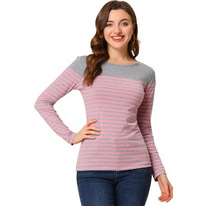 INSPIRE CHIC Women's Color Block Round Neck Long Sleeves Striped Basic T-Shirt - 1 of 4