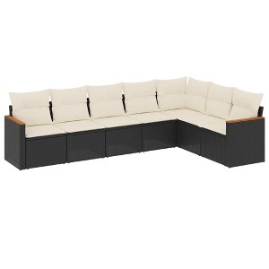 vidaXL 7 Piece Patio Sofa Set with Cushions Black Poly Rattan - Black and Cream Without Table - 1 of 4