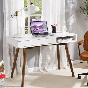 White Modern Simple Home Office Desk, Mid Century Computer Writing Desk With Drawer, Solid Wood Legs, Open Storage Cubby - 1 of 4