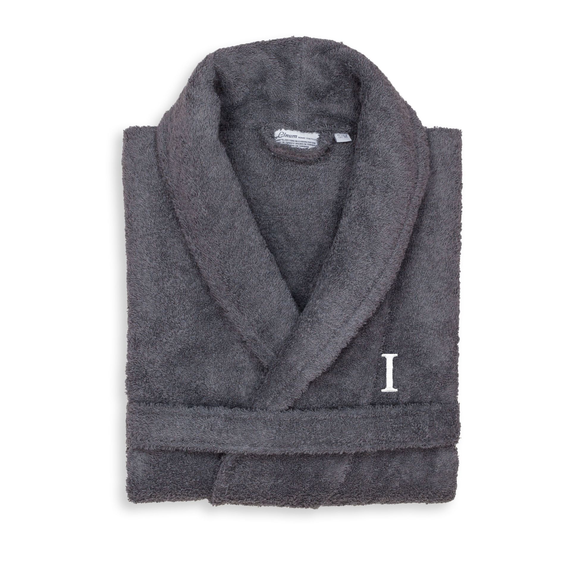 Linum Home Textiles 100% Turkish Cotton Adult Personalized Terry Bathrobe in White Bookman Font , Grey/White , Small/Medium-I