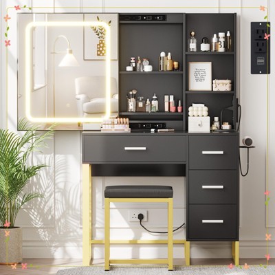 Makeup Vanity Set with 4 Drawers, Storage Shelves, Cushioned Stool for Bedroom