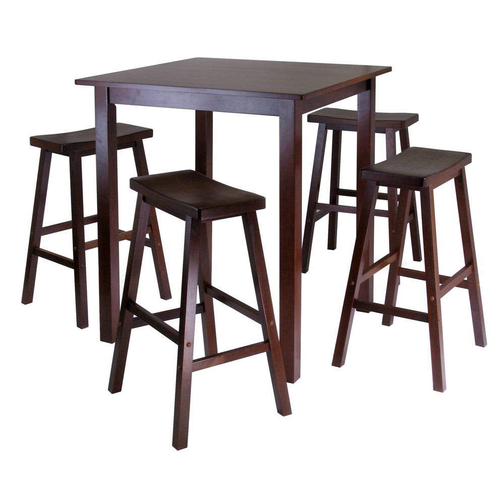 Photos - Dining Table Winsome 5pc Parkland Set Counter Height Dining Set with Saddle Seat Bar Stools Wood/Walnut: High Table Set for 4, Square Top