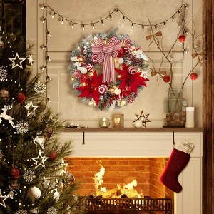 Pre-Lit Christmas Wreath for Front Door, 24 Inch Large Lighted Wreath with Xmas Balls, Artificial Flower & Bow, Battery Operated Christmas Wreath - 1 of 4