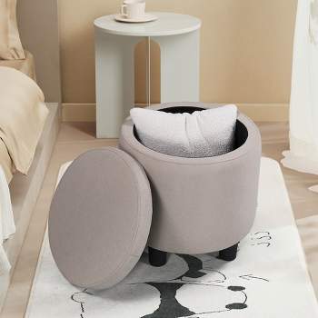 Home Decor Upholstered Round Fabric Tufted Ottoman with Storage, Beige - ModernLuxe