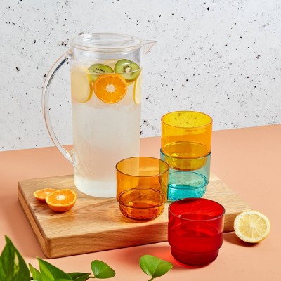Clear Acrylic Pitcher with Colorful Stacking Tumblers Set
