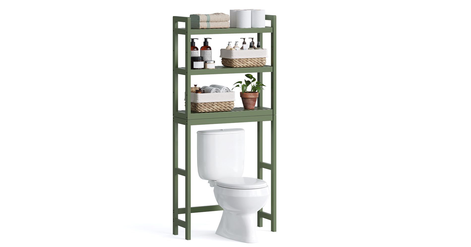 SONGMICS 3-Tier Over The Toilet Storage Bamboo Over Toilet Bathroom Organizer Forest Green