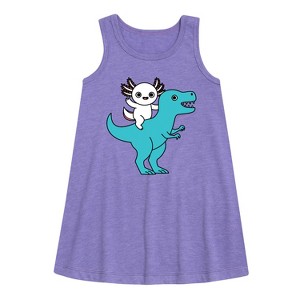 Girls' - Instant Message - Axolotl Riding A Dinosaur Graphic Sleeveless Aline Dress - 1 of 4
