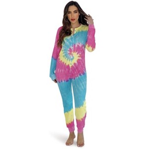 #followme Womens Henley Thermal Bodysuit | Buffalo Plaid, Tie Dye, & Printed PJ Union Suit Loungewear - 1 of 3