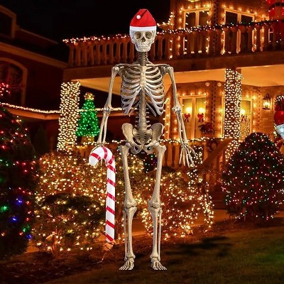2 Pcs 12ft Christmas Skeleton Decorations Inflatable Candy Cane and Santa Hat Set for Christmas Party Yard Garden Skeleton Outdoor Decor