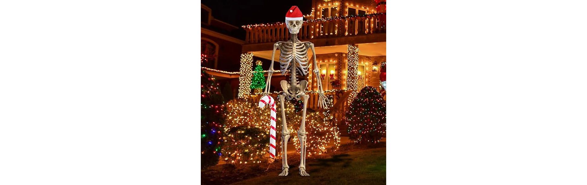 2 Pcs 12ft Christmas Skeleton Decorations Inflatable Candy Cane and Santa Hat Set for Christmas Party Yard Garden Skeleton Outdoor Decor