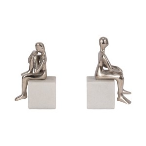 Sagebrook Home Set of 2 Human Figure Bookends - Contemporary Marble and Aluminum White and Silver Sitting Figure Bookend Set Decorative - 1 of 4