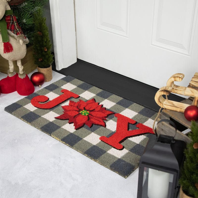 Northlight Gray and Red Poinsettia "Joy" Christmas Natural Coir Outdoor Doormat 18" x 30", 3 of 7