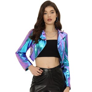 INSPIRE CHIC Women's Long Sleeve Lapel Crop Shiny Party Metallic Jacket - 1 of 4