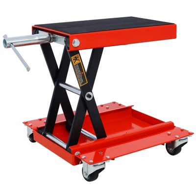 VisioGear 1100lb Motorcycle Lift with Dolly Jack, Scissor Lift Jack Wide Deck, Front Rear Center Tire Wheel Engine Stand, Red, 16.5"*14.7"*15.7"