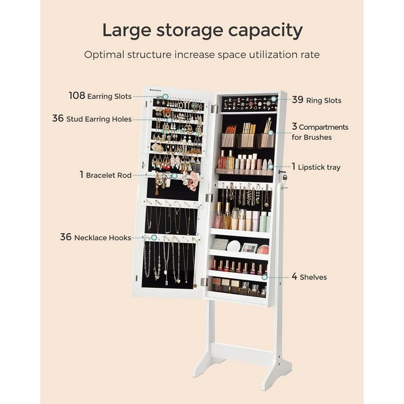 SONGMICS Mirrored Jewelry Cabinet Armoire Freestanding Lockable Storage Box Organizer Unit with Full-Length Frameless Mirror, 5 of 9