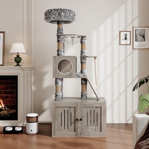 Cat Tree, 66.9-Inch Cat Tower with Litter Box Enclosure, with Hammock, Washable Cushions - 1 of 4