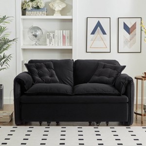 62" Queen 3-in-1 Modern Pull Out Convertible Sofa Bed - Black Velvet Sleeper with USB Ports & Side Pocket, Comfy Loveseat for Living Room - 1 of 4