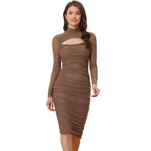 Mock neck long clearance sleeve mesh bodycon dress