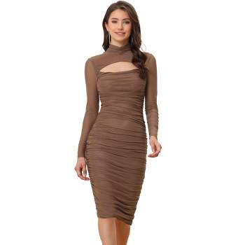 Allegra K Women's Mesh Ruched Bodycon Mock Neck Long Sleeve Cut Out Slim Fit Dresses
