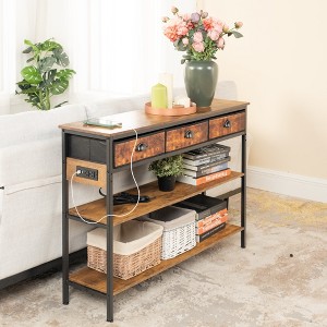 FurnitureR 43.3" Console Table with Power Outlets & USB Ports, 3-Tier Narrow Sofa Entryway Table with 3 Fabric Drawers & Open Shelves, Brown - 1 of 4