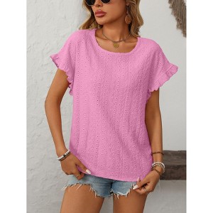 Women's Round Neck Sweet Short Sleeve T-Shirt with Hollow-Out Detail & Ruffled Sleeves, Cute Casual Blouse for Summer - 1 of 4
