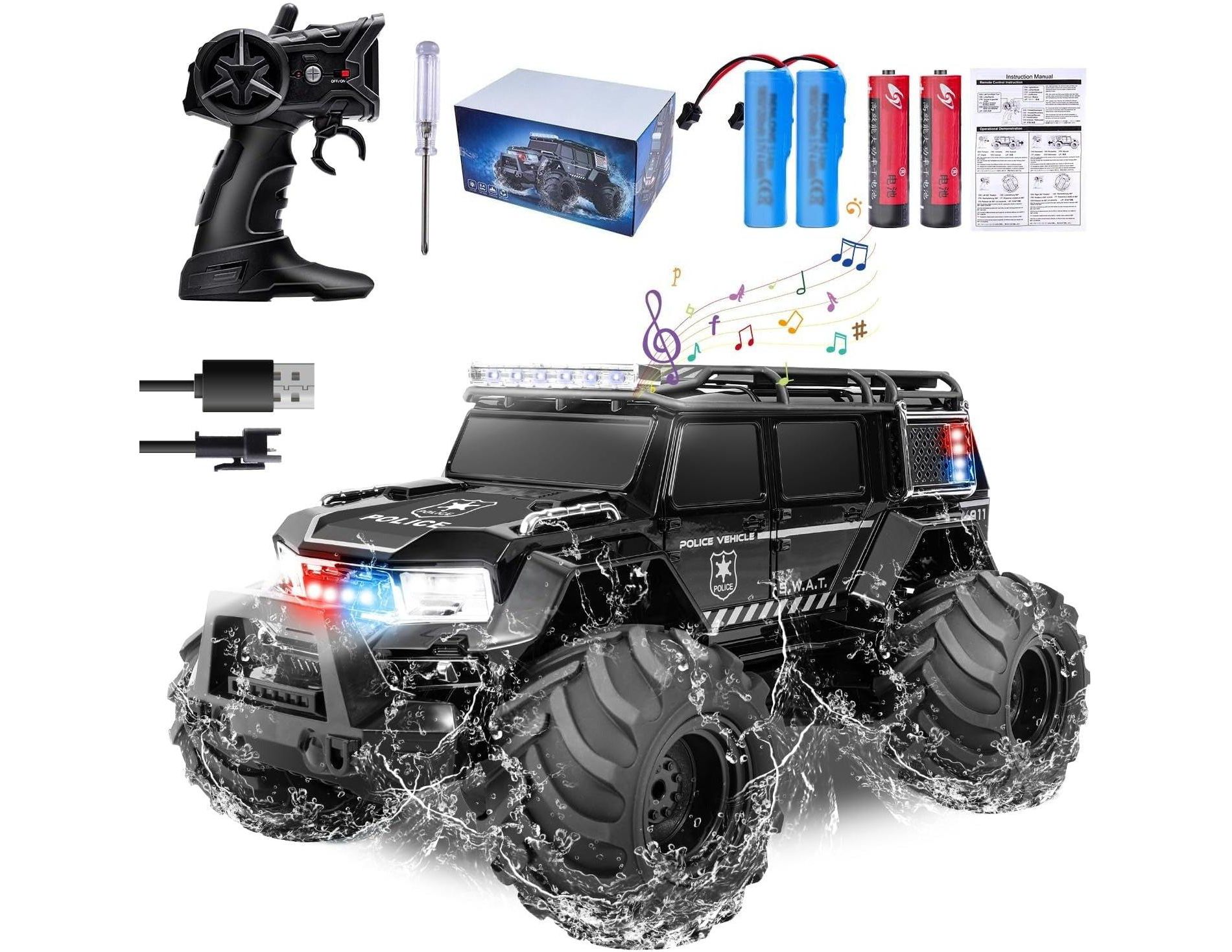 1:14 Amphibious RC Police Car, Waterproof Remote Control Car with Siren Lights Black