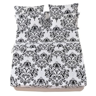 Queen Black and White Damask Microfiber Sheet Set