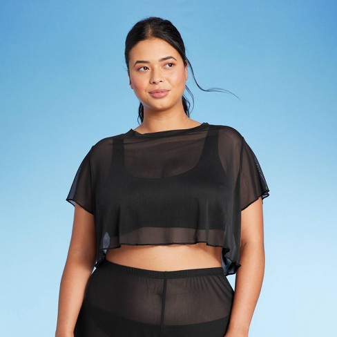 Women's Mesh Cover Up Short Sleeve Crop Top - Wild Fable™ Black 3x : Target