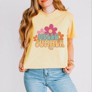 Hello Summer Flowers - Women's Boxy Crop Top Graphic T-Shirt : Target
