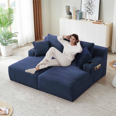 Aukfa 71"Modern Corduroy Double Chaise Lounge Sofa with 2-Pillows,No Assembly Required with Cup Holders