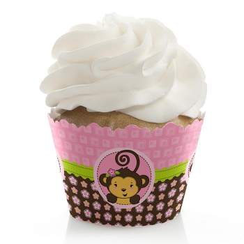 Big Dot of Happiness Pink Monkey Girl - Baby Shower or Birthday Party Decorations - Party Cupcake Wrappers - Set of 12
