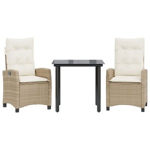 vidaXL 3 Piece Patio Dining Set with Cushions Beige Poly Rattan - 31.5" Table Length Without Footrest 2 Items - 1 of 4