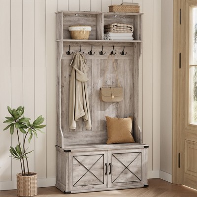 VASAGLE White Hall Tree with Bench and Shoe Storage, Entryway Coat Rack with Shoe Bench, Farmfouse Wooden Shoe Cabinet