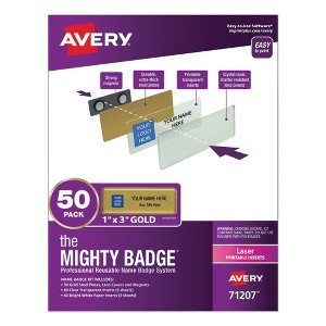 Avery The Mighty Badge Name Badge Holder Kit, Horizontal, 3 x 1, Laser, Gold, 50 Holders/120 Inserts - 1 of 4